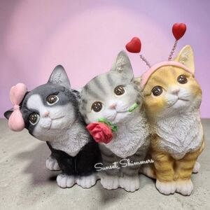 Adorable Cat Trio Kittens with Bow Heart Headband & Rose Figure Decor New